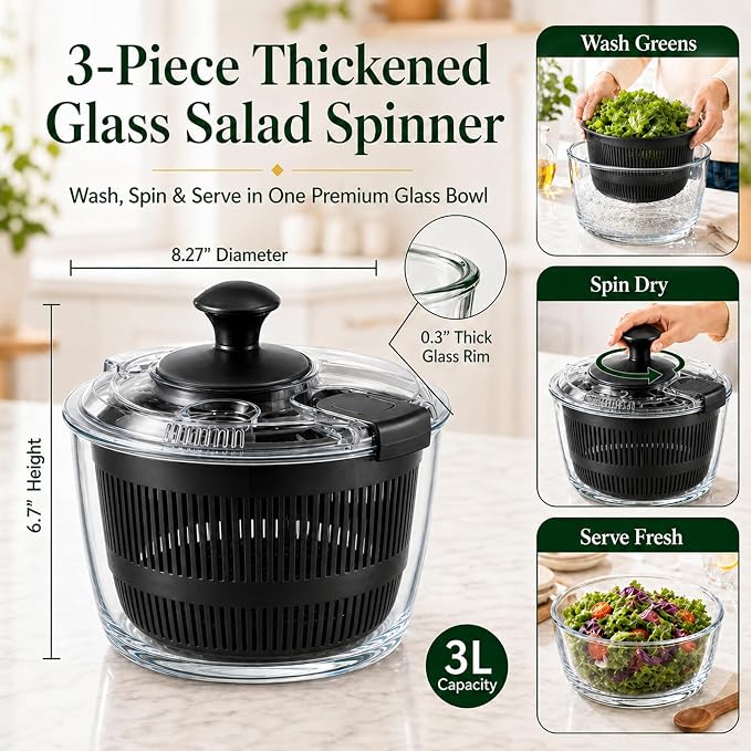 Glass Salad Spinner 3.2 Qt, Small Salad Spinner, Glass Bowl, Black | Removable Lid, Storage Lid, Dishwasher-Safe Glass Bowl, Fruit & Vegetable Washer Dryer, Drain Spout, Crank Handle