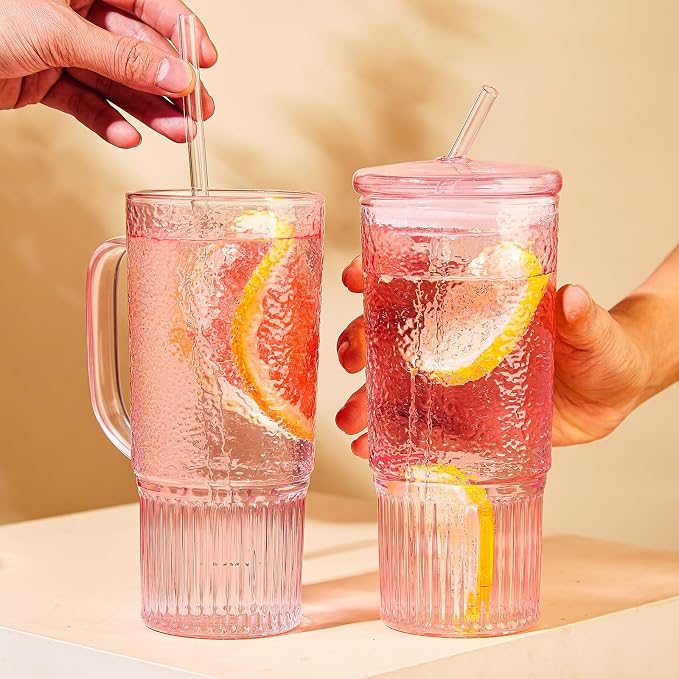 JunVpic Glass Tumbler, 24 oz Glass Cup with Lid, Straw and Handle | Pink glass design, Hammered Texture, reusable straw and lid for iced coffee, tea, smoothies and hot & cold drink