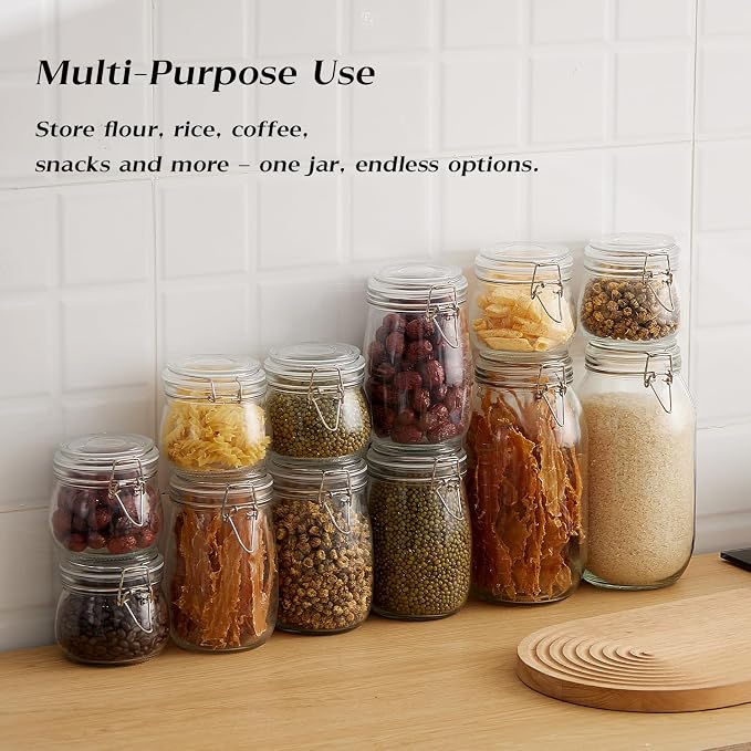 BJONKZ 6 Pack 17 oz Glass Jars with Airtight Lids – Food Storage Containers with Preserving Seal Wire Clip Fastening, Glass Canisters for Kitchen Canning Flour, Cereal, Sugar, Beans (17oz*6)