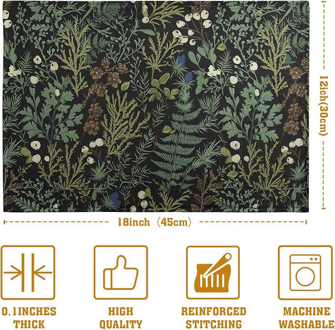 Black Sage Green Leaves Placemats Set of 4 Vintage Botanical Fern Leaf Floral Place Mats Farmhouse Heat Resistant Washable Kitchen Dining Linen Table Mats for Home Party Decor 12x18 Inch