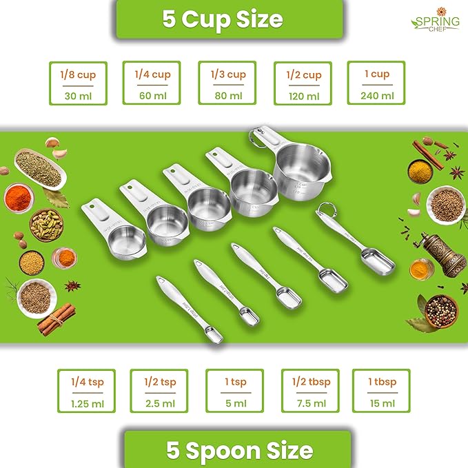 Spring Chef Stainless Steel Measuring Cups and Spoons Set of 10 w/Leveler | Stackable Metal Measuring Cups for Kitchen & Rectangular Teaspoon & Tablespoon Measuring Spoons for Dry & Liquid Ingredients