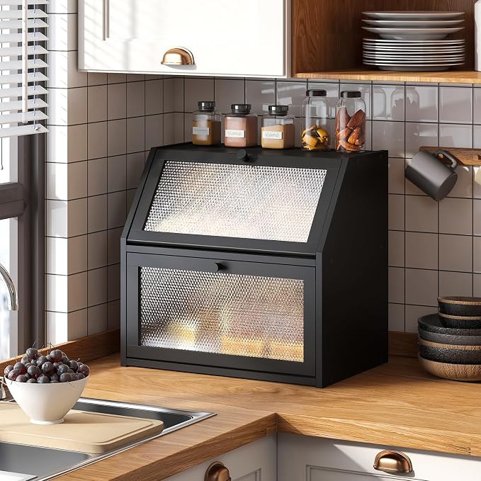 STDDRE Bread Box for Kitchen Countertop Bin Double Layer Bread Box Storage Container Extra Large Capacity with Diamond Pattern Windows (Black, Extra Large)