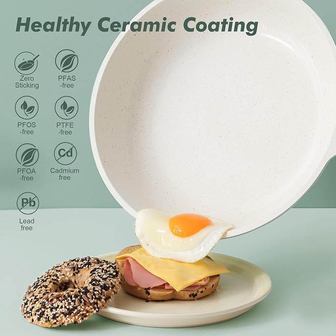 SENSARTE 9.5In Nonstick Ceramic Frying Pan with Lid, PFAS/PTFE Free, Green | Ceramic Omelette Pan Skillet, Healthy Non-toxic Chef's Pan, Induction Compatible Pan, Heat Resistant Handle