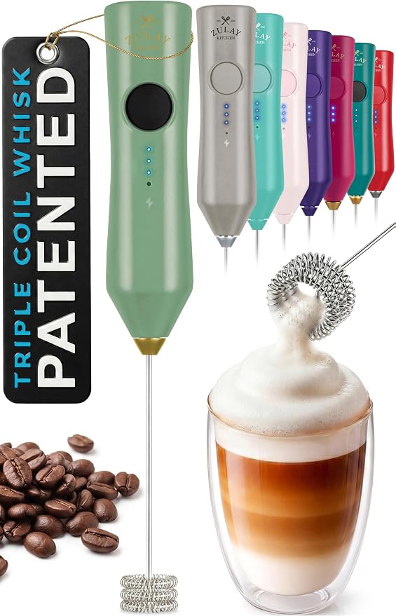 Zulay Kitchen Rechargeable Milk Frother Handheld - Frother Wand, Drink Mixer, Electric Whisk Frother, for Cappuccinos, Matcha & Protein Powder - Dynamic Triple Whisk, 3 Speed 500mAh Forrest Green Gold