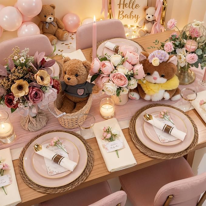KIRE 350 PCS Pink Disposable Plates - Plastic Dinnerware Set for Wedding | Include 100PCS Pink and Gold Plates, 50PCSPre Rolled Napkins with Silverware & 50PCS Cups for Party
