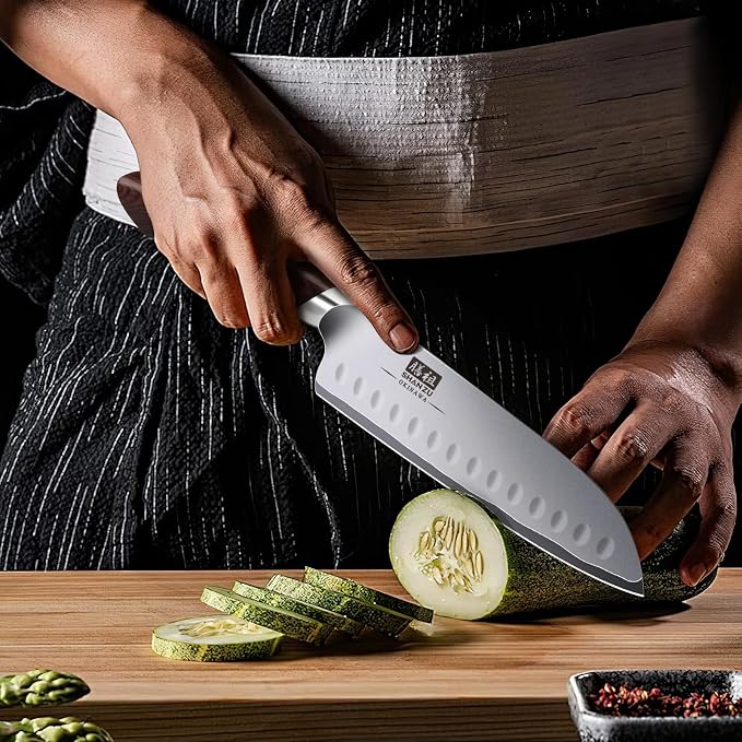 7 In Chef Knife,SHAN ZU 10Cr15Mov High Carbon Stainless Steel Santoku Knife | Japanese Ultra Sharp Professional Kitchen Cooking Knife with Ergonomic Pakkawood Handle