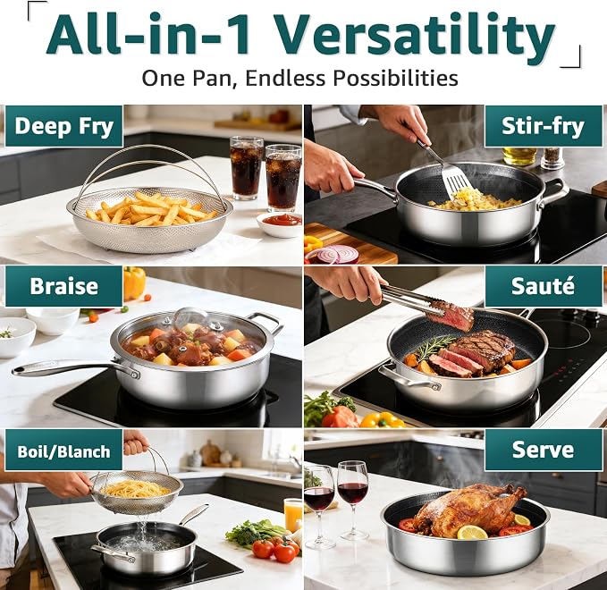 12 Inch Nonstick Deep Skillet with Lid, Fry Basket & Tongs | 5.5-Quart | Hybrid Sauté Pan with Lid | Tri-Ply Stainless Steel Large Frying Pan with Steam Insert, Works on All Cooktops