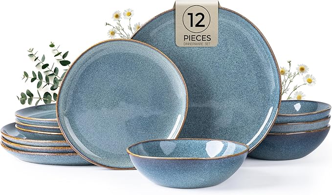 AmorArc Ceramic Dinnerware Sets for 4, 12Pcs Plates and Bowls Sets Dishes | Stoneware Handmade Reactive Glaze Dinner Set, Highly Scratch Resistant | Dishwasher & Microwave Safe Dishware