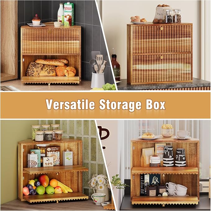 Trironsun Acacia Corner Bread Box for Kitchen Countertop Wood Two Layer Large Capacity Bread Storage Bin Vintage Storage for Homemade Bread (Acacia Wood)