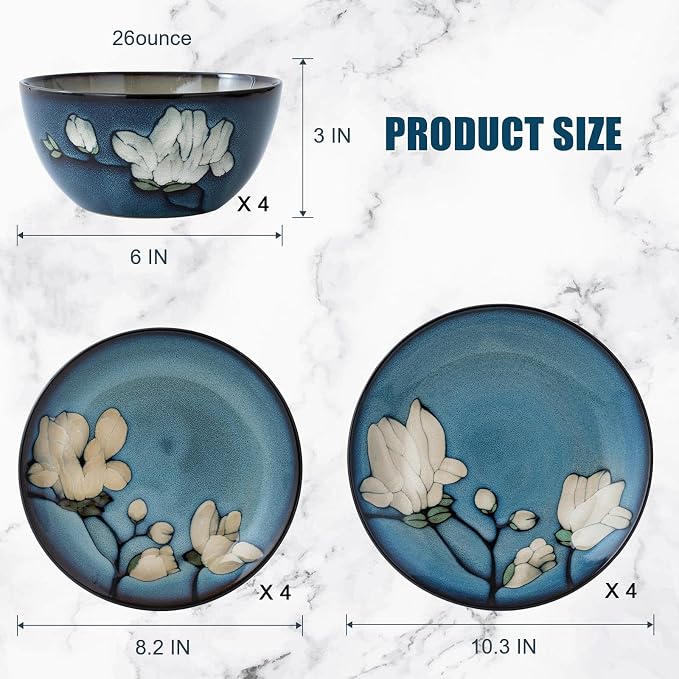 Dinnerware Set Blue Stoneware 12 Pieces Service for 4, Stoneware Plates and Bowls Set Stoneware Set, Dishwasher Microwave Safe Dishes set