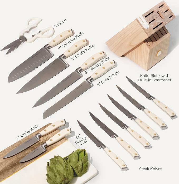 Styled Settings White Knife Set with Block and Sharpener, 14-Piece | Ultra-Sharp High Carbon Stainless Steel Knives with Gold Triple Rivet White Handles and Ashwood Knife Block