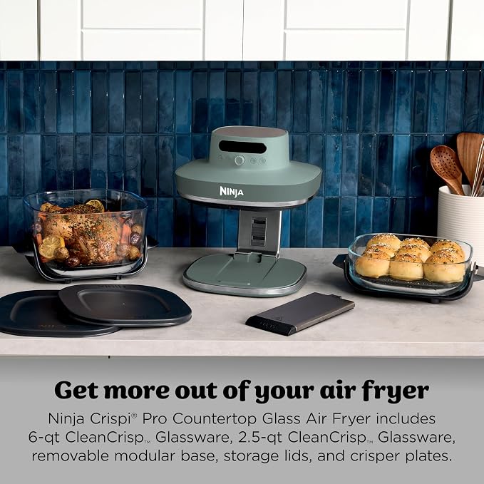 Ninja Crispi Pro 6-in-1 Glass Air Fryerk, Nontoxic, 6qt & 2.5qt Containers & Lids, Microwave, Freezer, Dishwasher Safe, Max Crisp, Air Fry, Bake, Roast, Recrisp, Dehydrate, Grey (Renewed)