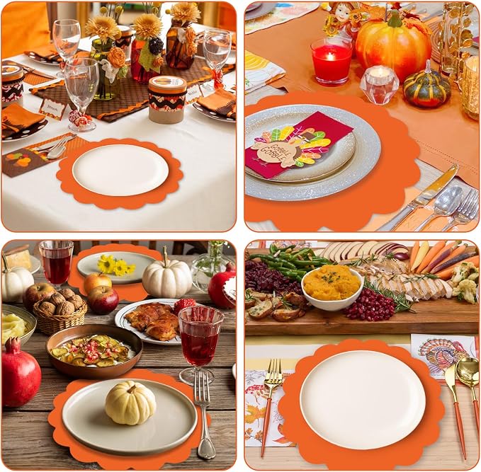 50 Pcs Orange Paper Placemats, 13.5 Inch Disposable Scalloped Placemat Decorative Placemats for Birthday Wedding Baby Shower Banquet Tea Party