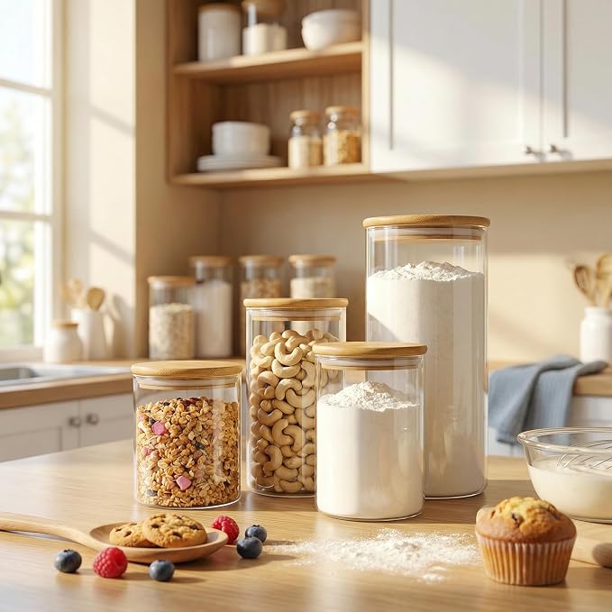 Large Glass Storage Containers with Bamboo Lids for Flour & Sugar, 2 Pack | Airtight Pantry Jar for Flour, Sugar & Rice, Durable Borosilicate Glass Canisters Keep Food Dry & Fresh, Easy to Fill & Clean