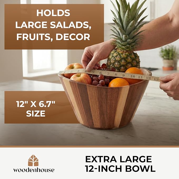 Extra Large Wooden Salad Bowl - Acacia 12" Multi-Purpose Wood Bowls | Multi-Purpose for Fruit, Decor & Storage – Durable Wavy Handmade Design for Kitchen Counter