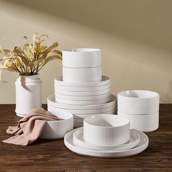 Line Porcelain Dinnerware Set, dish set for 6, White | Premium dinnerware set, chip-resistant & durable. Safe for dishwasher, microwave, oven. For daily meals to festive feasts
