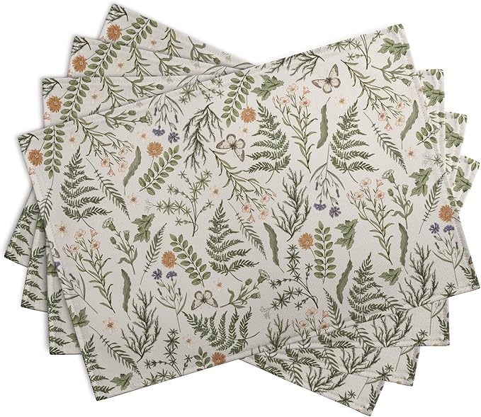 Sage Green Wild Flower Spring Summer Placemats Set of 4 Seasonal Wildflower Plants Herbs Linen Table Mats 12x18 Inch Vintage Floral Place Mats for Farmhouse Kitchen Dining Decoration