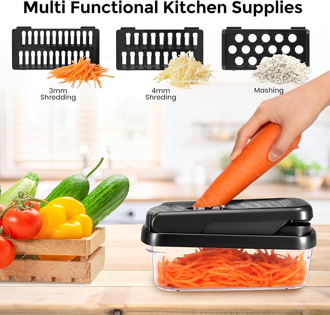 Yusshn Vegetable Chopper, 12-in-1 Food Veggie Chopper Cutter with Container | 7 Sharp Blades Dice, Slice, Shred and Grate for Salads, Onions and Meal Prep, with a Non-Slip Base and Drain Basket