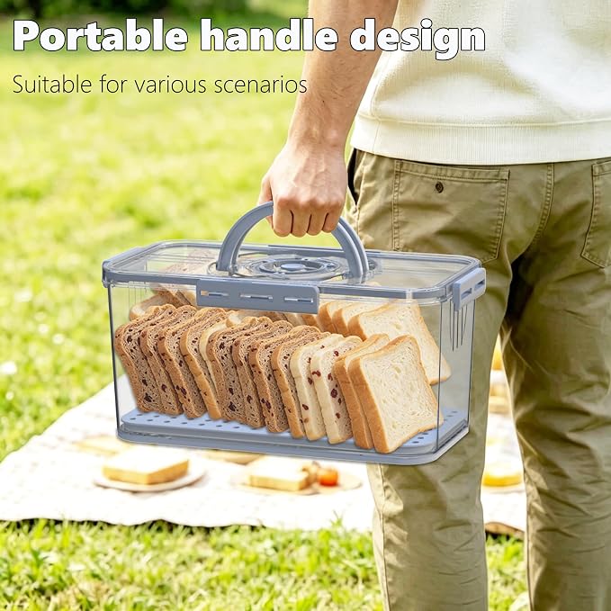 Bread Box with Lid and Handle,Airtight Bread Storage Container with Time Recording,Bread Keeper for Homemade Toast, Bagel, Portable bread boxes for Camping & Outdoor Travel,Not dishwasher safe