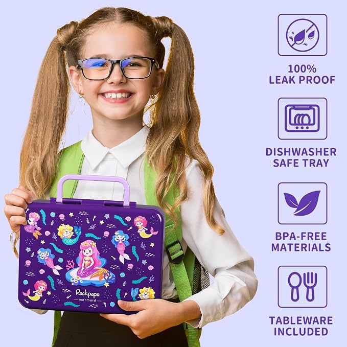 rockpapa Bento Box for Kids - Large 5.5 Cups Lunch Box with Utensils - 5 Compartments, BPA-Free, Leak Proof, Portable Handle for Boys Girls, Microwave/Dishwasher Safe (Purple Mermaid)