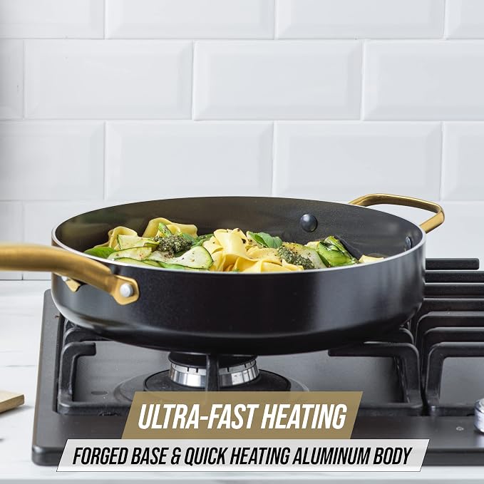 Blue Diamond 4QT Saute Pan with Lid, Non Toxic Induction PFAS-Free Diamond Ceramic Nonstick, Dishwasher & Oven Safe, Metal Utensil Safe, Gold Handle & Helper Handle, Jumbo Skillet, Glass Lid, Black