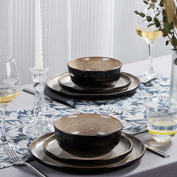 LIANYU Ceramic Dinnerware Set, 12 Piece Plates and Bowls for 4, Tidal Khaki | Porcelain Ceramic Dishes Set, Dishwasher & Microwave Safe Stoneware, Chip and Scratch Resistant Kitchen Dishware Set