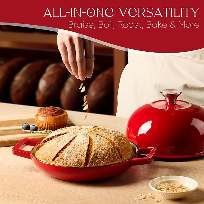 CAROTE 5QT Enameled Cast Iron Dutch Oven, Red Round Bread Oven | Homemade Sourdough Bread Baking, Healthy & Non-Toxic, Dual Handles, All Stovetop Compatible, Oven Safe up to 500° F