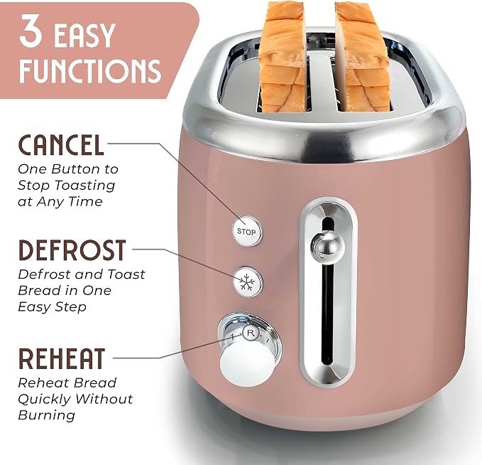 MUELLER HOME Retro Toaster 2 Slice, 7 Browning Levels | 3 Functions (Reheat, Defrost, Cancel), Stainless Steel Features, Removable Crumb Tray, Under Base Cord Storage, Pink