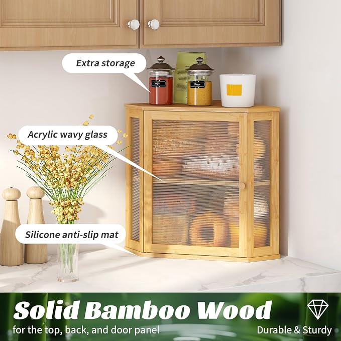 Corner Bread Box, Large Bamboo Bread Box for Kitchen Countertop, 2 Tier Wooden Bread Storage (Natural, Large)