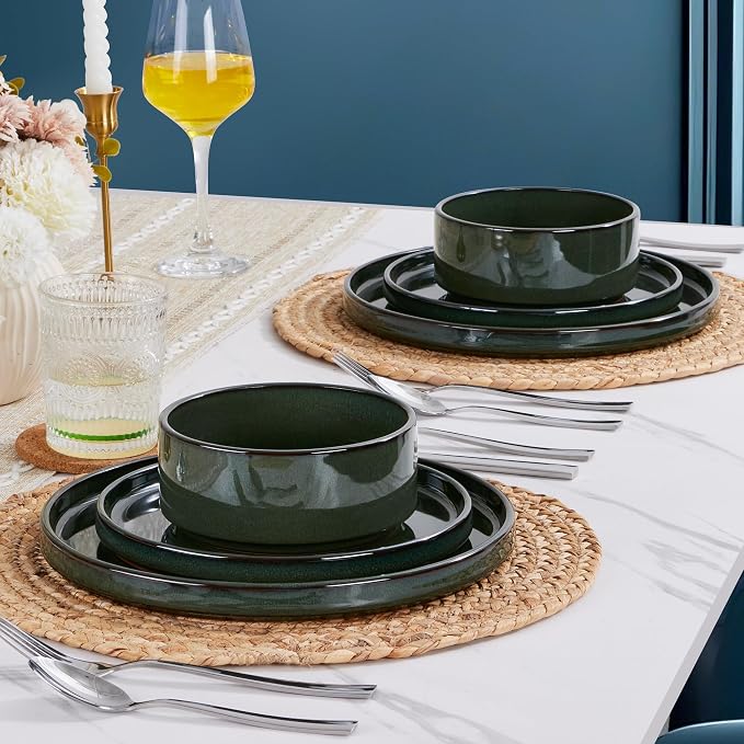 LIANYU Dinnerware Dishes Sets for 8, 24 Piece Plates and Bowls Dishware | Stoneware Modern Tableware Includes Ceramic Dinner Salad Plates, Cereal Bowls, Chip & Scratch Resistant, Hunter Green