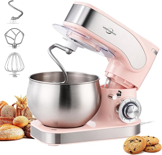 Electric Stand Mixer 5.3QT 6+P Tilt-Head Speed Pink | Standing Food Mixer with Egg Cream Whisk, Dough Hook & Flat Beater, Perfect Bread Dough Mixer for Home Baking and Daily Use