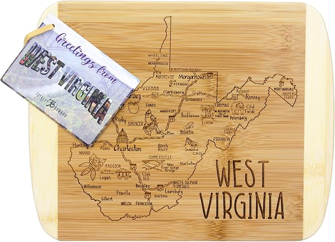 Totally Bamboo A Slice of Life West Virginia Engraved Map Cutting Board | 11” x 8.75” charcuterie board with engraved state map artwork. Smooth reverse side for food prep. Hang tie for wall display.
