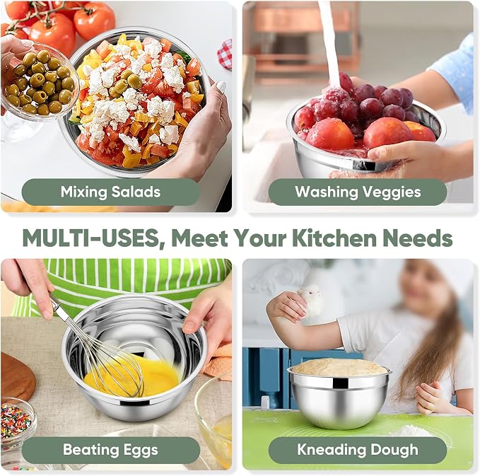 TeamFar Mixing Bowls Set of 5, Stainless Steel Metal Salad Bowls with Lids | 4.5/3/1.5/1/0.7 QT, Nesting Bowls, Ideal for Mixing Prepping Serving, Non-Toxic & Sturdy, Airtight Lid & Easy Clean, Khaki
