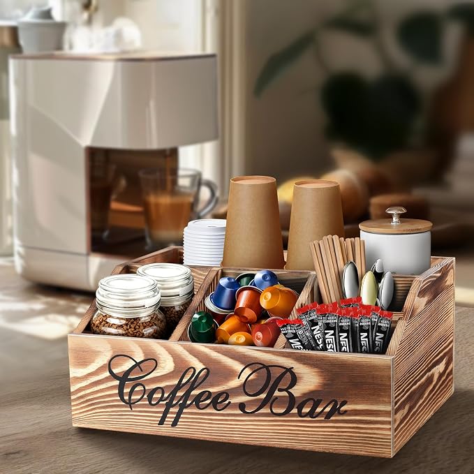 Wood Coffee Station Organizer for Counter | Farmhouse Coffee Bar Organizer | Coffee Pods Holder Bar Accessories | Tea Condiment Basket | Home Decor