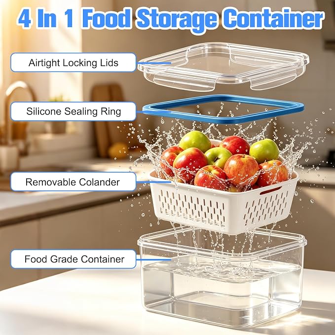 4 In 1 Food Storage Container, Fruit Storage Containers for Fridge Household Transparent Plastic Food Storage Box with Removable Colander & Drain Basket Soak,Wash, Drain,and Store