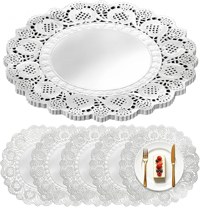 100 Pack 13.5 Inch Round Silver Paper Doilies, Disposable Lace Placemat | Rustic Scallop Foil Doily Table Pads, Heavy-Duty Paper Place Mats for Cakes, Crafts, Parties, Weddings, Buffet, Home Decor