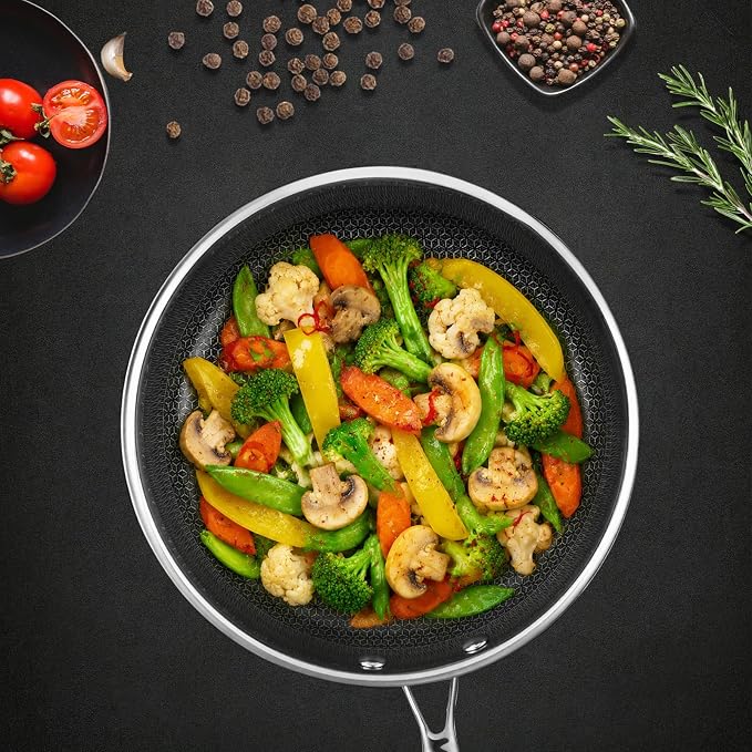 SAKAMOSH 9.5" Hybrid Nonstick Frying Pan,Stainless Steel, Induction Safe | PFAS/PFOA/PTFE-Free Ceramic Pan, Dishwasher & Oven Safe, Skillet WithStay-Cool Handle, Compatible with All Cooktops