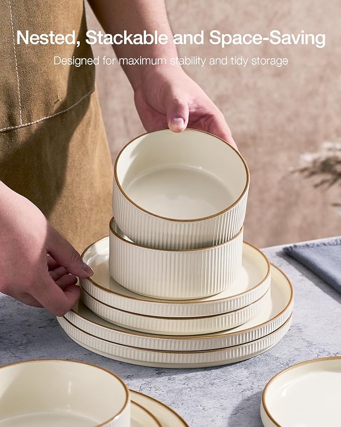 Famiware Stoneware Dinnerware Set for 8, Rimmed Plates, Bowls, Cream Dishes | 24-Piece Ceramic Dishes, Chip & Scratch Resistant , Microwave & Dishwasher Safe, Everyday Dining, Modern Rustic, Lipped Edges