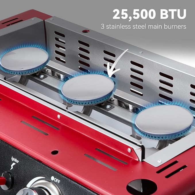 Royal Gourmet PD1301R 3-Burner Tabletop Propane Gas Griddle with Cover | 24 Inch Portable Griddle, Red | 25,500 BTUs Output, 319 sq. in. cooking area | for Outdoor Cooking, Camping or Tailgating