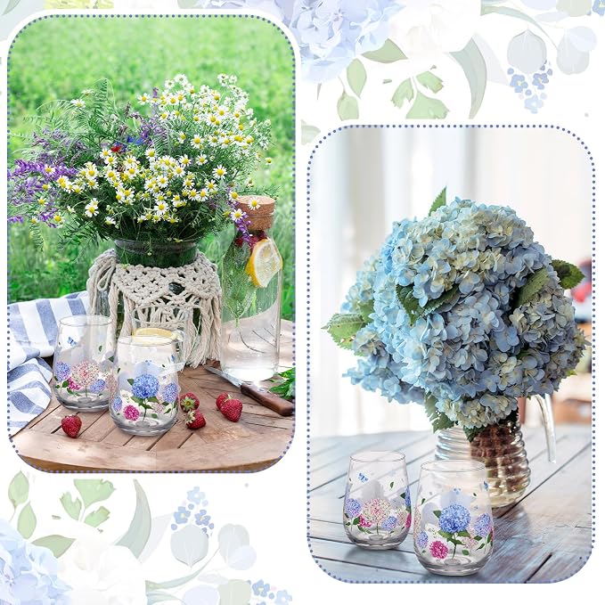 2 Pcs Floral Stemless Wine Glasses, Blue Hydrangea 17oz | Flower Butterfly Tumbler Cups Gifts, Summer Drinking Cups Glasses, for Women Men Party Supplies Kitchen Decorations