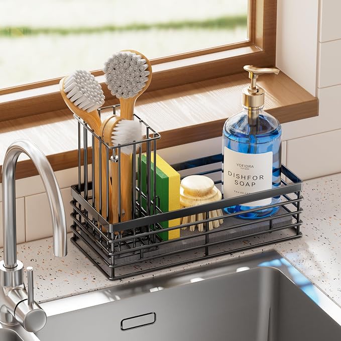 Yofidra Sponge Holder for Kitchen Sink, Sink Caddy Organizer with Stone Drying Mat, Kitchen Countertop Organizers and Storage Essentials, 304 Stainless Steel (Black, 9.29″ L)