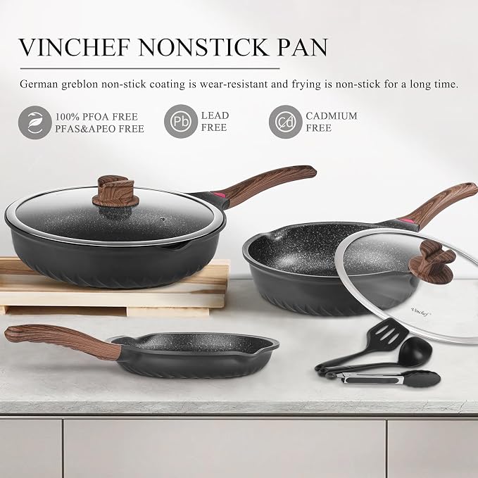 Vinchef 12PCS Nonstick Deep Frying Pan with Lid Cookware Set | VINCHEF 12-piece nonstick cookware set utensils & pot protectors. Stay-cool handles, PFAS & PFOA-free.