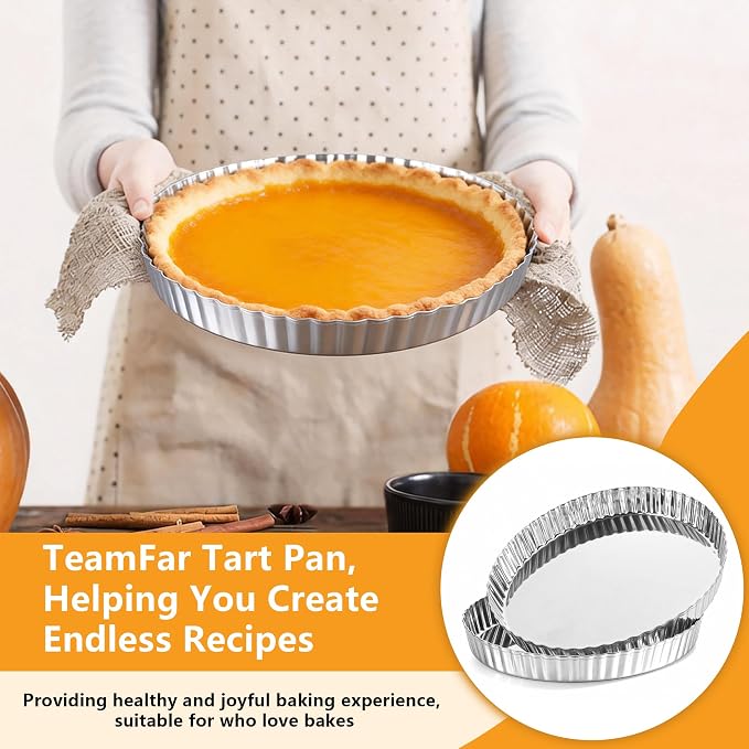 TeamFar Tart Pan, 9.5 Inch Stainless Steel Round Tart Pie Pan, 1PC | Metal Quiche Baking Dish with Fluted Side, for Baking Fruit Tarts Quiches Pies Mousse Cakes, Heavy Duty & Dishwasher Safe
