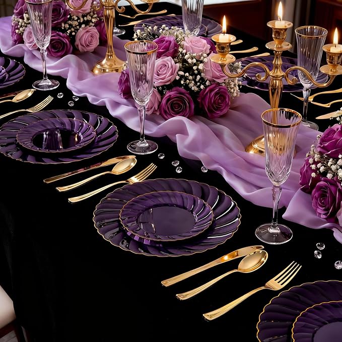 YOUBET 125PCS Clear Purple Plastic Plates with Gold Rim for Wedding | Clear Purple Disposable Plates Include 25 Dinner Plates 25 Dessert Plates 75 Gold Silverwares for Birthday Parties