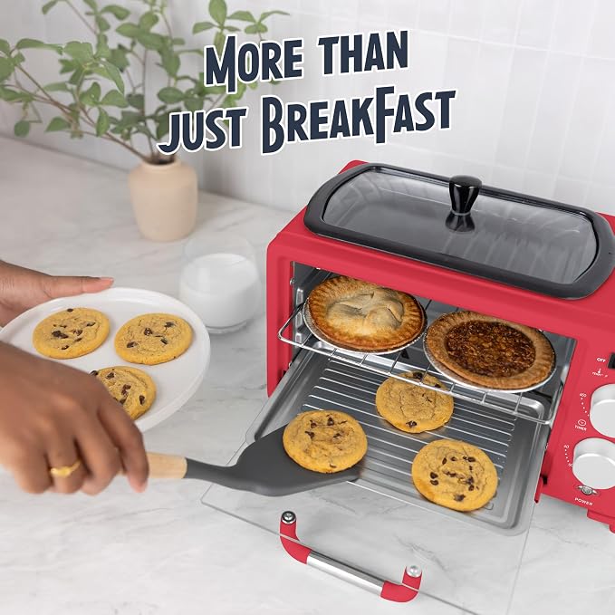 Nostalgia 3-in-1 Retro Breakfast Station - Includes 5 (4 Oz) Cup Coffee Maker, Non-Stick Ceramic Griddle, and 4-Slice Toaster Oven - Built-In Timer, Reusable Coffee Filter, Space-Saving Design - Red