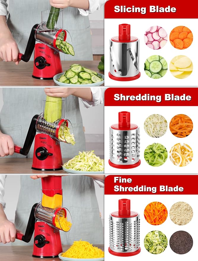 Geedel Rotary Cheese Grater Hand Crank, Cheese Shredder Vegetable Slicer | 5 Blades, 430 Stainless Steel, 12x Fast Cutting, Strong Suction Base, No BPA, Dishwasher Safe, for Cheese, Veggie, Nut