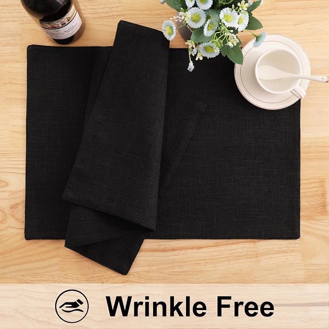 Faux Cotton Linen Placemats Set of 8, Cloth Washable Farmhouse Dining Table Mats for Indoors & Outdoors, Easy to Clean, Black, 13 x 19 Inch