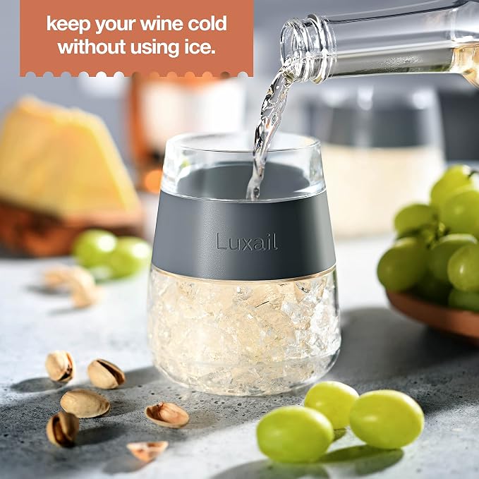 luxail Wine Glasses, Plastic Wine Glasses Set of 4, Wine Gifts, Double Wall Insulated Freezer Tumbler, Stemless Freezer cups for Red and white Wine, 8.5 Oz, Grey