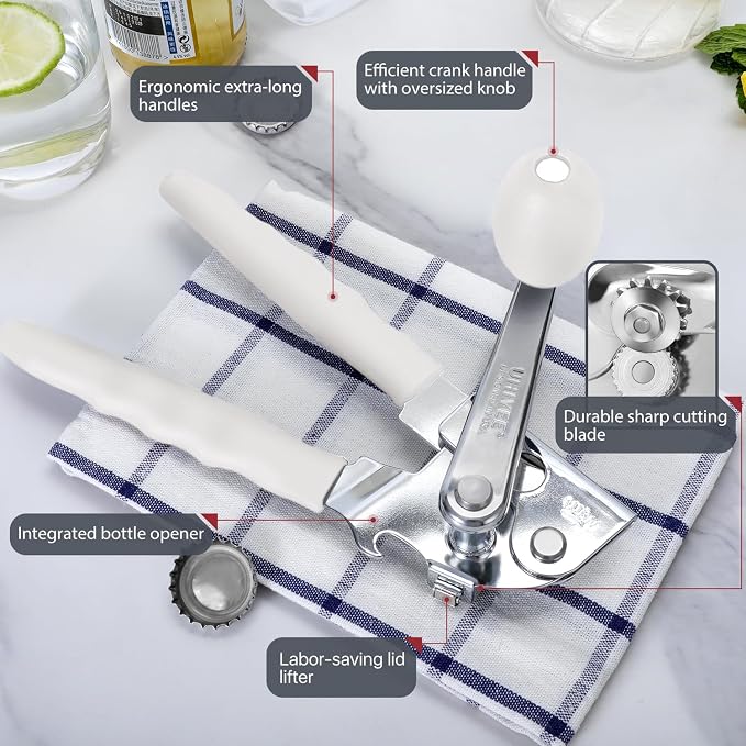 UHIYEE Commercial Can Opener Heavy Duty, Hand Crank for Large Cans, White | Manual Can Opener, High-Carbon Blade, Extra-Long Handle, Oversize Knob, Built-in Magnet & Bottle Opener, For #10 Cans