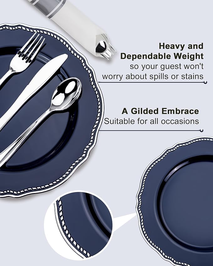 350 Pcs Blue Silver Plastic Plates Wedding & Party | Silver Plastic Dinnerware Set Includes 50 Dinner Plates, 50 Dessert Dinnerware, 50 Cups, 50 Napkins
